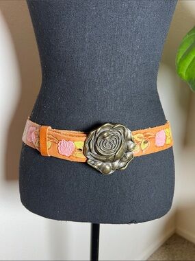 ESCADA Collaboration Women’s Hand Painted Tan Leather Belt Metal Rose Buckle 32